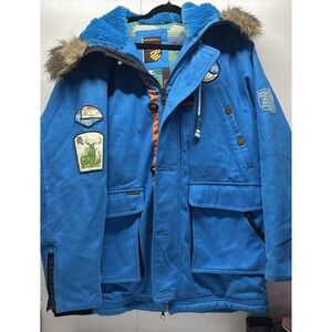 Extremely RARE Rocawear‎ Arctic Blue Heavyweight Winter Jacket Patches Fur VTG
